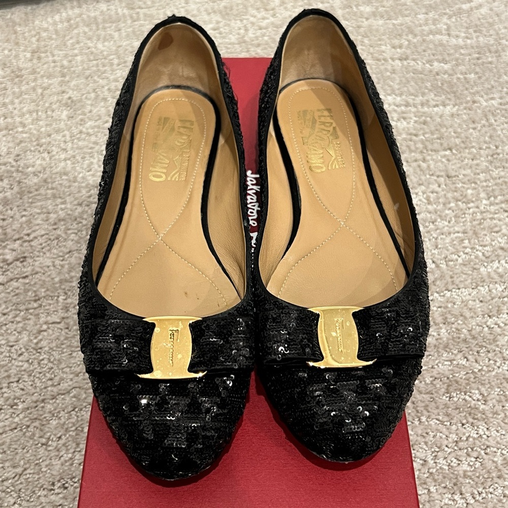 Salvatore Ferragamo Black Sequin Varina Ballet Flat Size 8